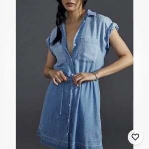 Anthropologie Cloth & Stone Cinched-Waist Mini Shirt Dress Denim Blue Size Small